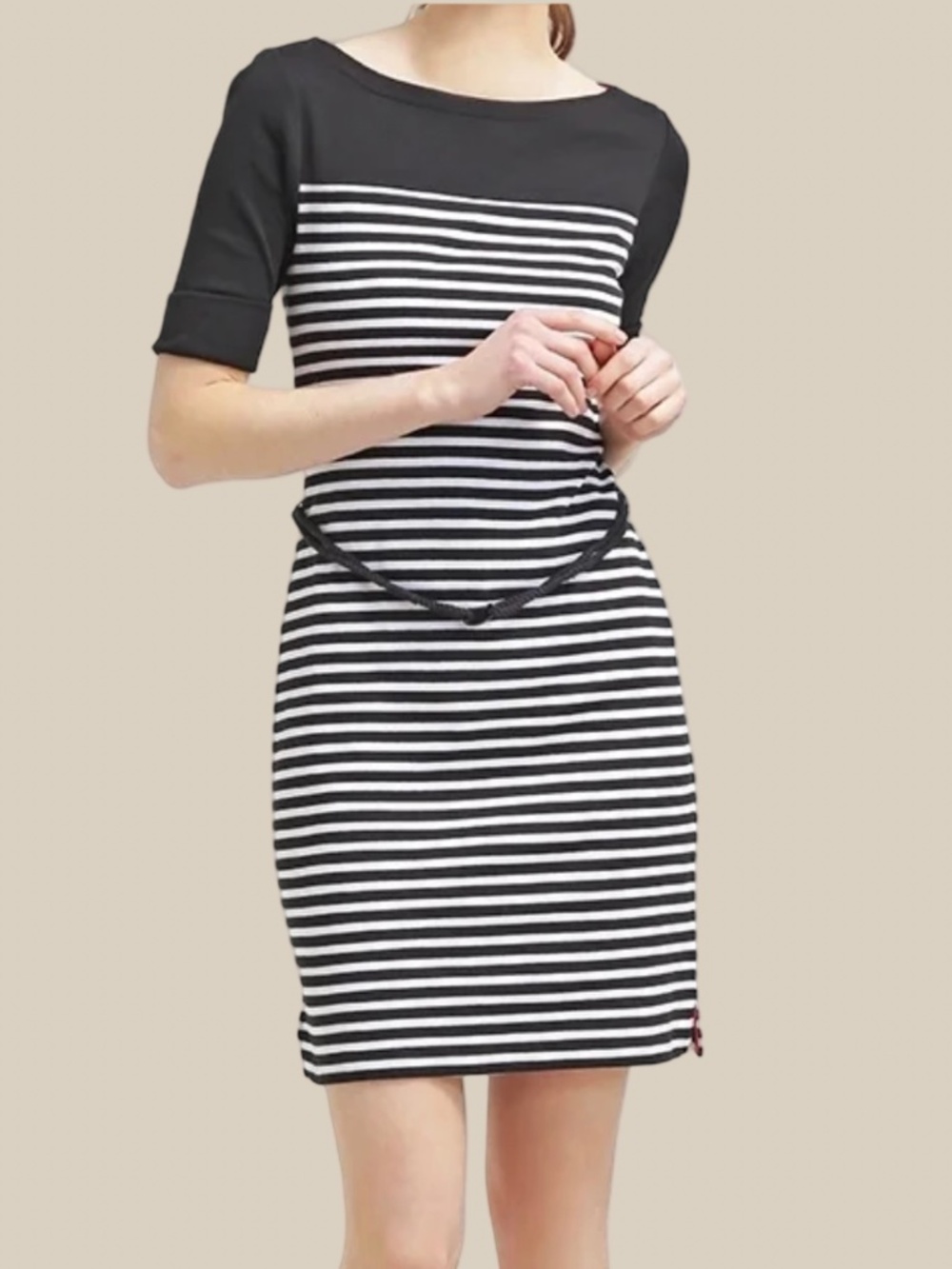 Lauren Ralph Lauren Striped Nautical Boat Neck Knit Dress Belted Black White L